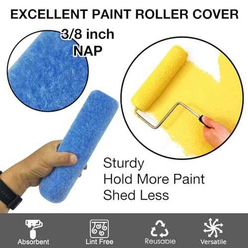 Great Andrew 18 Pack Paint Roller Covers 9 Inch 3/8-Inch Nap, Dense Fibers Large Paint Roller Kit for Painting Textured Smooth Rough Surfaces Walls Floors House - size: 18pcs, 9", Blue