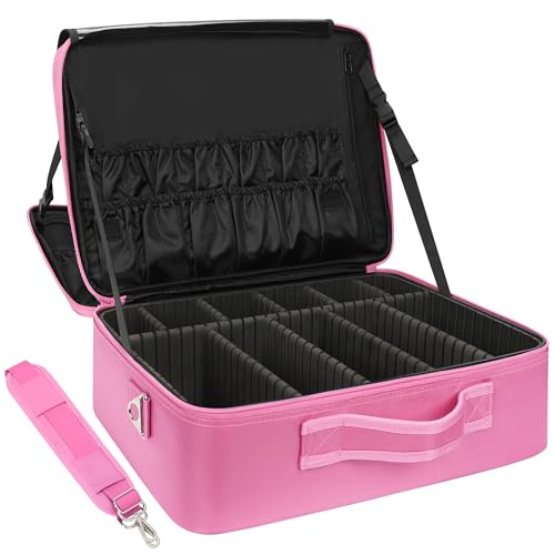 Relavel Extra Large Makeup Case Travel Train Case Professional Makeup Artist Bag Portable Nail Organizer Box Art Supply Case with Adjustable Dividers/Attach to Trolley/Shoulder Strap (Rose Pink) - color: Black Rose Pink, size: Extra Large