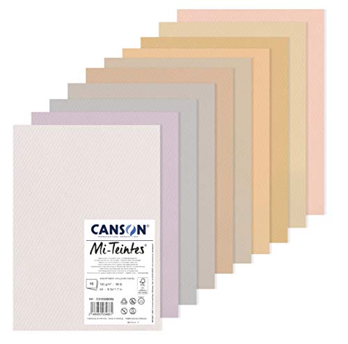 CANSON Mi-Teintes Coloured Drawing 160gsm A4 Paper Pack, Double Sided: Honeycomb & Fine Grain, 10 Pastel Colour Sheets, for Professional Artists & Illustrators - color: ASTEL COLOURS