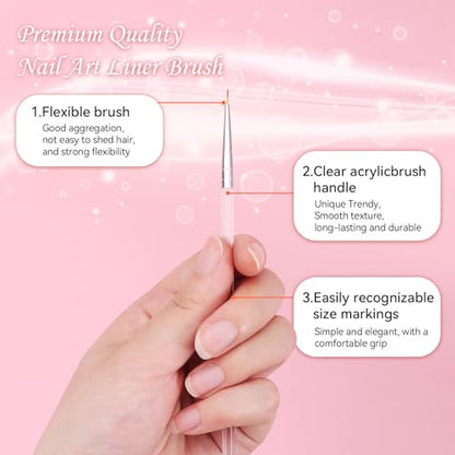5Pcs Nail Art Liner Brushes Set, Manicure Brush Fine Drawing Thin Lines Painting Details Striping Design For Gel Polish Dotting Pen Transparent Handle Home DIY, 6/9/12/18/24mm - color: White