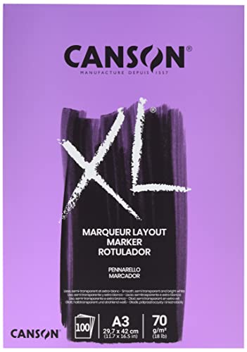 CANSON XL Marker 70gsm A3 Paper, Very Smooth, Pad Glued Short Side, 100 Extra White Sheets, Ideal for Professional Artists & Illustrators