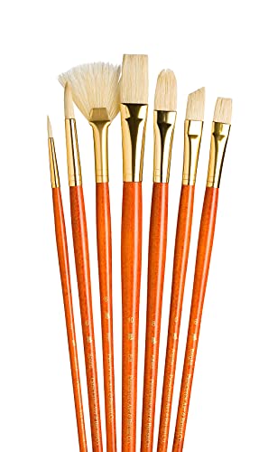 Princeton RealValue Brush Set, Natural, Orange Handle, 7 Piece, 1 Count - color: Orange, size: Rnd 2,6,Brt 6,Flb 8,Fan 6,Flat 10,Ang 6
