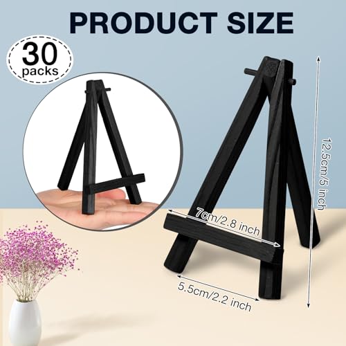 Mimorou 30 Pack 5 Inch Mini Easel Wood Display Artist Small Wooden Easel Stand Art Craft Painting Triangle Stand Canvas Holder for Card Artist Photos Tabletop Phone Wedding (Black) - size: Black