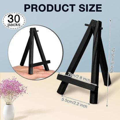 Mimorou 30 Pack 5 Inch Mini Easel Wood Display Artist Small Wooden Easel Stand Art Craft Painting Triangle Stand Canvas Holder for Card Artist Photos Tabletop Phone Wedding (Black) - size: Black