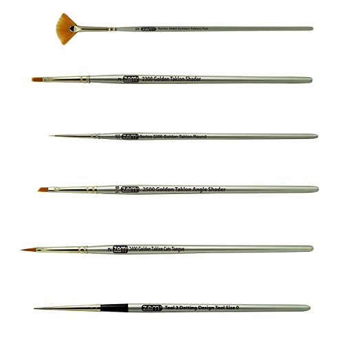 ZEM Brush Golden Taklon Mini Detail Brush Set Fan 2/0, Flat 2, Cats Tongue 2, Angle 1/8", Detail 10/0, Dot Tools #3