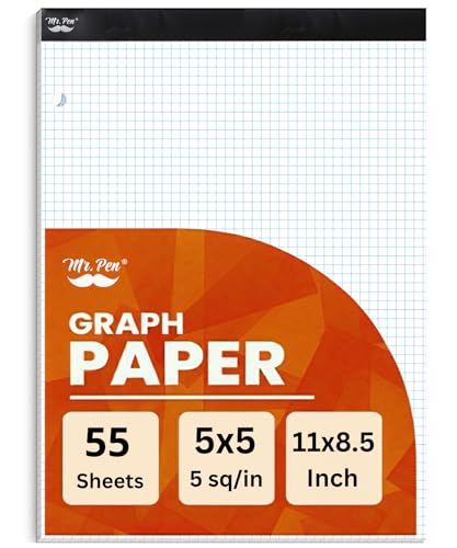 Mr. Pen- Graph Paper Pad, 8.5x11 Inches, 5x5 (5 Squares per Inch) | 55 Sheets, 3-Hole Punched, Ideal for Math, Graphing and Sketching, Grid Paper for Students, Engineers, Artists - color: White, size: 11"x8.5", 5 sq/in