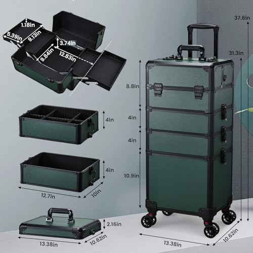 Rolling Makeup Case Makeup Train Case with Lid 5 in 1 Cosmetology Case on Wheels Cosmetic Trolley Organizer Large Makeup Organizers Case Profesional Cosmetic Case for Salon Barber Nail, Dark Green - color: Dark Green