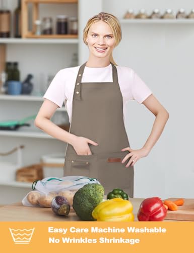Kitchen Cooking Apron for Women Men with Big Pockets Canvas Waterproof Aprons for Server Pottery Artist Chef Apron - color: Khaki