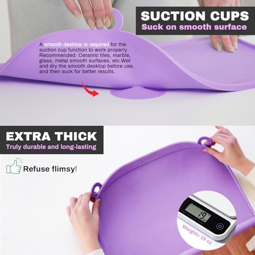 Large Silicone Suction Table Mat, 17" x 12" Thick Placemat with Edge-Bumper, Raised Edge Leakproof, Non-Slip for Kids Toddler Baby Essentials Dinning, Restaurant Eating, Plates, Art, Craft & Painting - color: Purple