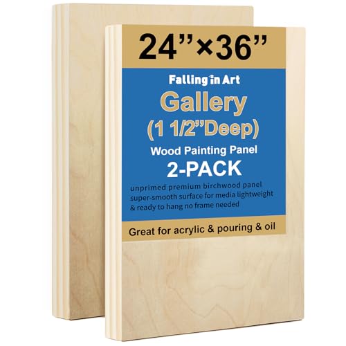 Falling in Art 2 Pack Unfinished Wooden Canvas Panels, 24x36 Gallery Birch Wood Panels Kit, 1 1/2" Deep Art Cradle Boards for Acrylic Painting, Pouring and Burning - size: 24*36 2 Pack