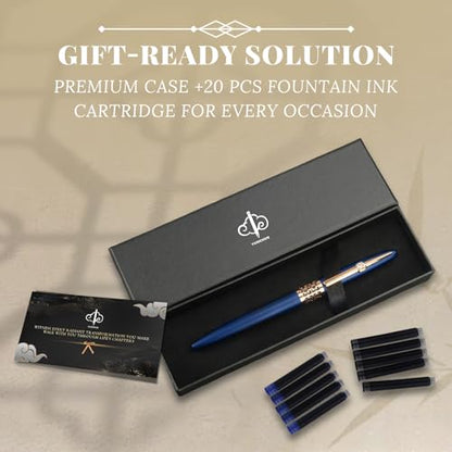 YUNCHUN Refillable Fountain Pen Fine Nib, Fancy Ink Pen with 10 Black & 10 Blue Ink Refills Cartridges, Cool Ink Pens for Writing, Business Metal, Best Gift Set for Men & Women, Blue - color: Blue, style: Fine Point