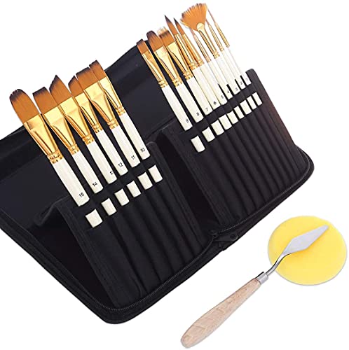 URBAN BOX Artist Paint Brush Set 15pcs Includes Pop-up Carrying Case with Painting Knife and 1 Sponge for Acrylic, Oil, Watercolor, Art, Scale Model, Face, Paint by Numbers