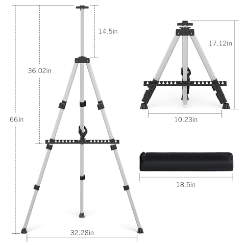 Art Easel Stand for Painting or Sign, Portable Adjustable 66 inches Display Tripod Artist Floor Aluminum Metal Easel with 1 Bag for Table-top/Floor Drawing, Sturdy for Canvases Displaying - Silver - style: Silver