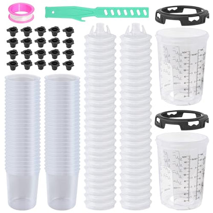 Disposable Paint Cups for Spray Guns, 50PCS 6oz (160ml) Paint Mixing Cup System with Lids, 2 Hard Cups & Retainer Rings, Ideal for Automotive Paint, Primer, Sealer and Clear Coat - size: 6 ounce