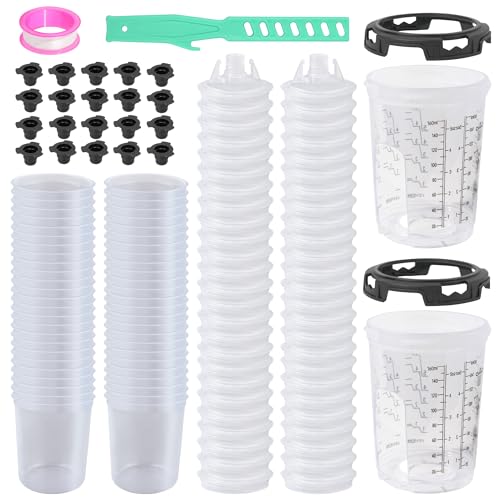 Disposable Paint Cups for Spray Guns, 50PCS 6oz (160ml) Paint Mixing Cup System with Lids, 2 Hard Cups & Retainer Rings, Ideal for Automotive Paint, Primer, Sealer and Clear Coat - size: 6 ounce