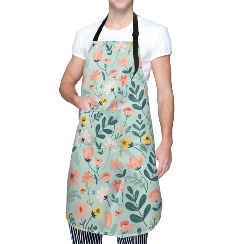 Cream Pastel Wildflower Art Waterproof Apron with Pockets | Garden Aprons for Men Women Adjustable Bib Apron for Cooking Kitchen Baking BBQ Painting Housework Oil Resistant - color: Pastel Garden Print