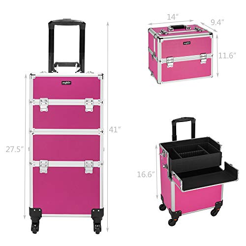 mefeir 3 in 1 Rolling Makeup Train Case, Aluminum Makeup Travel Organizer Cosmetic Case, Cosmetology Display Suitcase on Wheels, Beauty Storage Luggage Lockable w/4 Removable Wheels (Rose-Pink) - color: Rose Pink