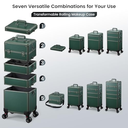 Rolling Makeup Case Makeup Train Case with Lid 5 in 1 Cosmetology Case on Wheels Cosmetic Trolley Organizer Large Makeup Organizers Case Profesional Cosmetic Case for Salon Barber Nail Beauty, Green - color: Green