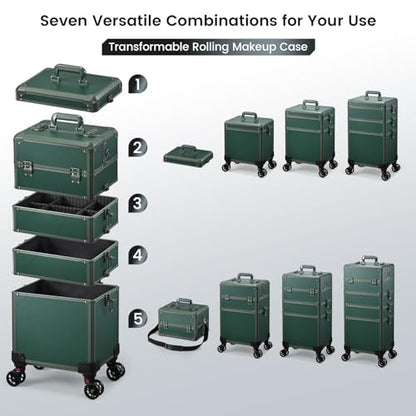 Rolling Makeup Case Makeup Train Case with Lid 5 in 1 Cosmetology Case on Wheels Cosmetic Trolley Organizer Large Makeup Organizers Case Profesional Cosmetic Case for Salon Barber Nail Beauty, Green - color: Green