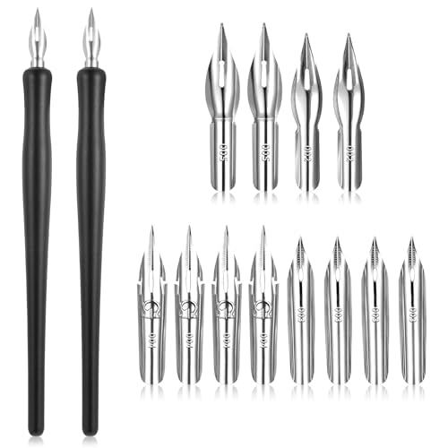 14 Pcs Dip Pen Set Comic Pen Nib Set 12 Stainless Steel Pens Nibs with 2 Wooden Drawing Pens Holder G-Pen Ink Nib for Calligraphy, Comics, Signatures, Drawings (Black)