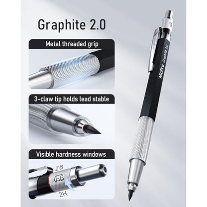 Nicpro 2mm Metal Mechanical Pencil Set with Case, 3PCS Lead Pencil Holder 2.0 mm with 144PCS Lead Refills (4H 2H HB 2B 4B 6B Color), Eraser, Sharpener for Drafting Writing Drawing Sketching - size: 3 Pack