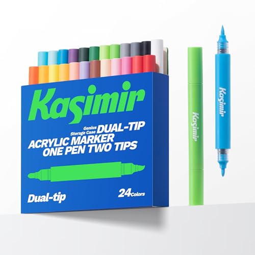 Kasimir Dual-Tip Acrylic Markers Pens - Brush Tip Direct Ink Gel Marker for Art Wood Fabric Glass Rock Multi-Surface, Quick-Dry, Water-Based & Washable 24 Colors - color: 24 Colors