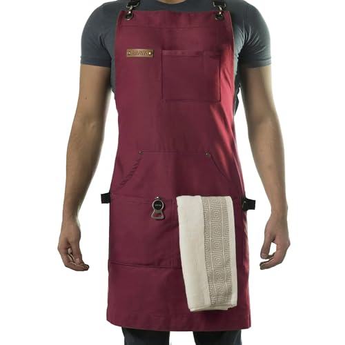 Asaya Chef and BBQ Apron with Bottle Opener and Hand Towel - 10oz Cotton Canvas, Stainless Steel Hardware - Cross Back Straps - color: Red