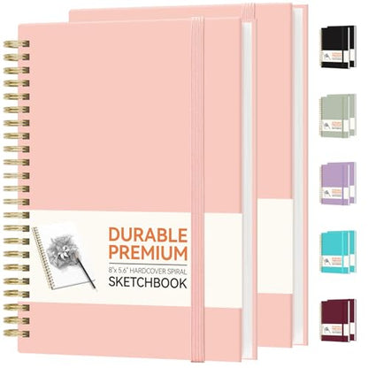 Forvencer 2 Pack Blank Spiral Notebook, 8"x 5.6"Hardcover Sketch Book, 100GSM Thick Paper, Art Sketchbook for Women & Adult, 100 pages / 50 Sheets Drawing Book Journal for School Office Drawing, Pink - color: Pink