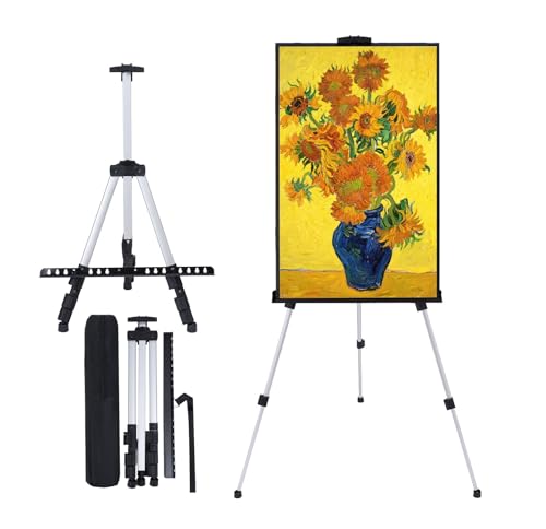 MXG Silver Table top & Floor Art Easel Stand for Painting & Signs | 17-61 Inch Height Adjustable Aluminum Tripod Easels for Display with Carrying Bag, for Artist Students Wedding & Gallery - color: Silver