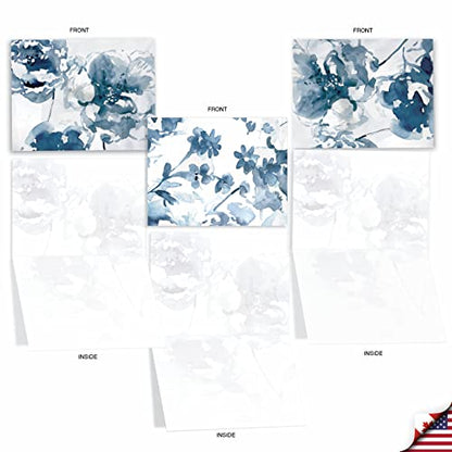 The Best Card Company - 10 Boxed Note Cards with Flowers - Blank Assorted Floral Notecards Bulk (4 x 5.12 Inch) - Indigo Blooms M6597OCB - style: Indigo Blooms