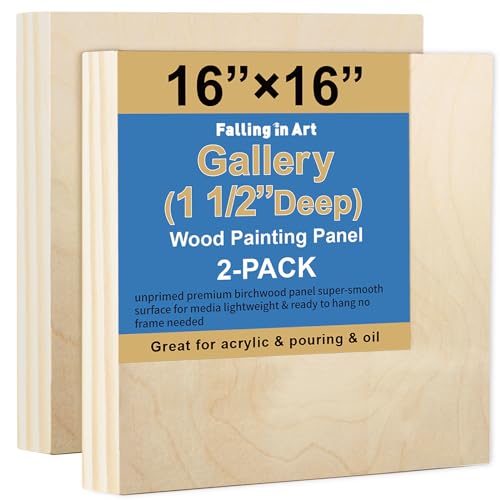 Falling in Art 2 Pack Unfinished Wooden Canvas Panels, 16x16 Gallery Birch Wood Panels Kit, 1 1/2" Deep Art Cradle Boards for Acrylic Painting, Pouring and Burning - size: 16*16 2 Pack