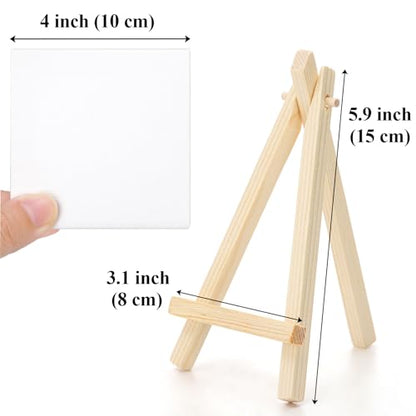 Tosnail 24 Pack 4" x 4" Mini Canvas and Easel Set, Small Art Easel Stand with Canvas Set, Tabletop Wooden Display Stand and Canvas Panels for Artist, Students, Adults, Kids Painting