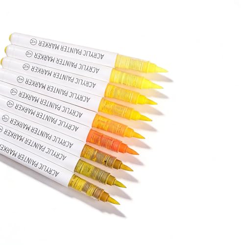 Yellow Acrylic Paint Markers, 9 Colors Acrylic Paint Pens Water Based and Soft Brush Tip for Wood Glass Eggs Rock Painting Canvas Stone Fabric DIY Crafts Art Supplies (Yellow) - color: Yellow