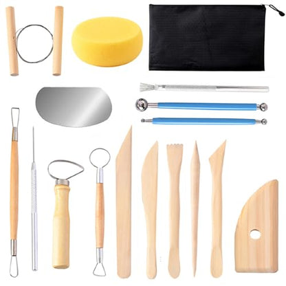 S & E TEACHER'S EDITION 17 Pcs Pottery & Clay Sculpting Tools, Double-Sided, Ceramics Tools Smooth Wooden Handles for Trimming, Embossing Pattern. - size: 17 PCS