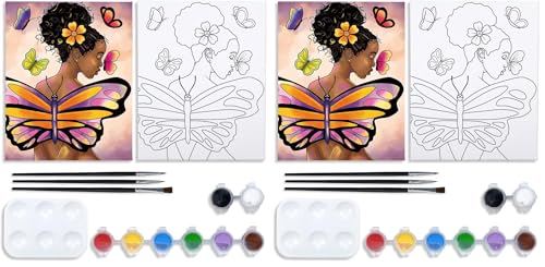 VOCHIC Painting Kit Pre Drawn Canvas for Painting for Adult Party Kits Paint and Sip Supplies 8x10 in Canvas Butterfly Girl 8 Acrylic Colors,3 Brush,1 Pallet Paint Art Set (Pack of 2) - size: 8x10 (Pack of 2), style: Style 1