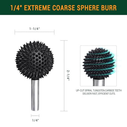 Extreme Coarse Sphere Rotary Burr, 1⁄4" Shaft, Ball Shape Rotary Rasp bit for Wood carving-fit Bosch,Foredom, DeWalt, Milwaukee Tools- Abrasive Tungsten Carbide Rasp Sphere, 1-1/4" Head Diameter