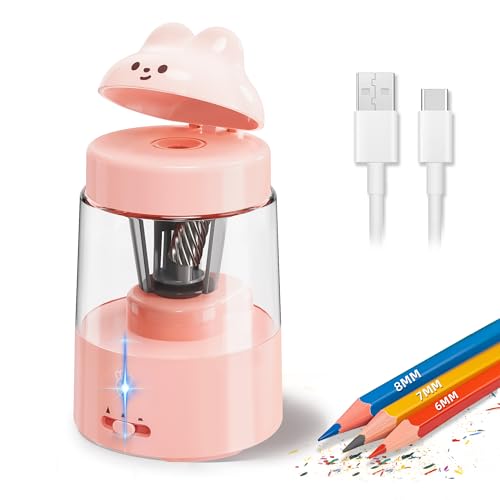 ZMOL Colored Pencil Sharpener for Kids Gift, Rechargeable Electric Pencil Sharpener, Auto Stop, Pencil Sharpeners for Battery Powered Cute No.2/Colored Pencils (6-8mm), Classroom/Office/Home (Pink) - color: Pink