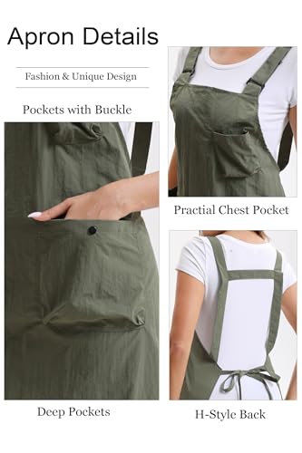 Nanxson Kitchen Apron for Women,H Style Cooking Apron with 3 Pockets | Waterproof material,pocket with buckle,adjustable waist strap,work apron for kitchen art painting gardening - color: Armygreen