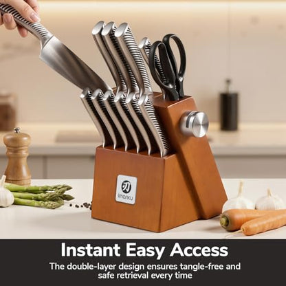imarku 14-Piece Knife Set, Japanese Stainless Steel Knives Set for Kitchen, Full-Tang Gyutou Knife Sets with Block and Build-in Sharpener, Brown, Dishwasher Safe, House Warming Gifts for Men - color: Light Brown