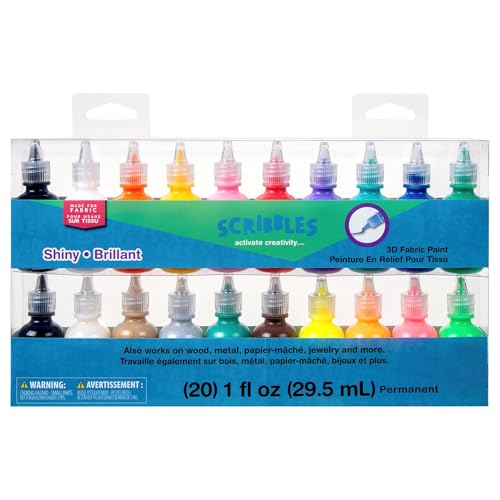 Bulk Buy: Scribbles Shiny 3D Paint - Pack of 20 Ultra Bright, Nontoxic & Permanent Dimensional Paints for Fabrics, T-shirts, Backpacks, Posters, Glass, Wood and More, 1 Fl Oz (Pack of 20)