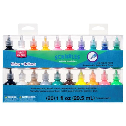 Bulk Buy: Scribbles Shiny 3D Paint - Pack of 20 Ultra Bright, Nontoxic & Permanent Dimensional Paints for Fabrics, T-shirts, Backpacks, Posters, Glass, Wood and More, 1 Fl Oz (Pack of 20)