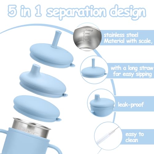Mity rain 3-In-1 Stainless Steel Sippy Cup for 6+ Month Old, Baby Straw Cups for Toddlers 1-3 with Travel Lid, Silicone Straw, Replacement Straw & Cleaning Brush - 8oz Toddler Cups Spill Proof Set - color: Blue