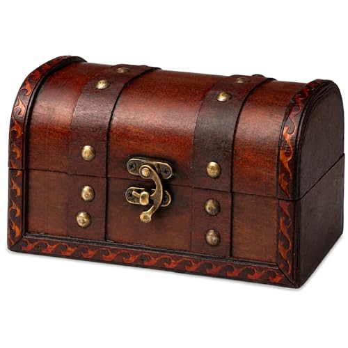 Mini Wooden Treasure Chest, Engineered Wood Pirate Chest Decorative Box for Jewelry, Coins, Small Collectibles and Keepsakes, Vintage Rustic Antique Style Storage Wood Chest (6.7 x 3.9 x 3.9 Inch)