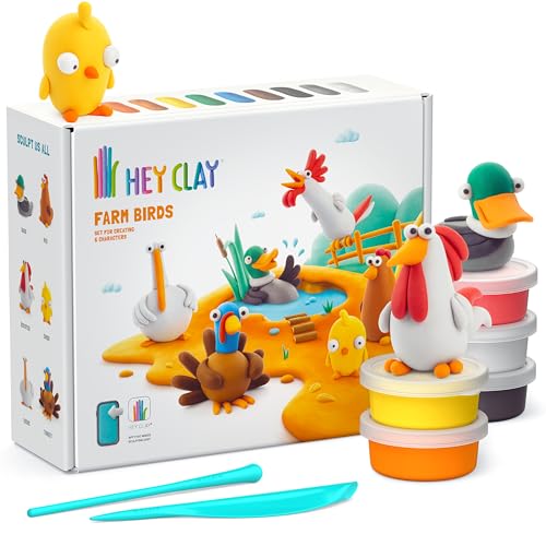 HEY CLAY Set - Colourful Modeling Air Dry Clay Kit for Kids 15 cans and Sculpting Tools with Fun Interactive Instructions App - Children 3+ (Farm Birds) - style: Farm Birds