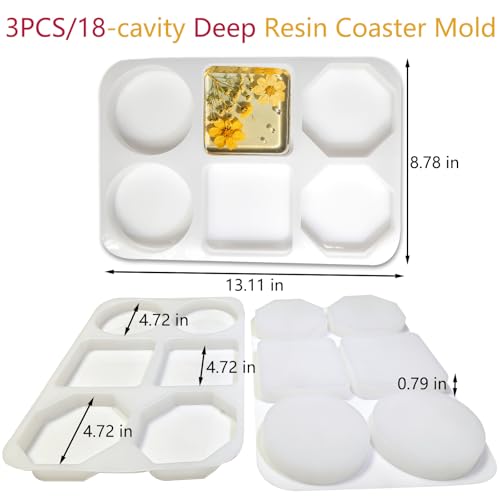 3PCS 18-Cavity Extra Deep Coaster Resin Molds, 4.7 Inch Silicone Molds for Epoxy Resin in Octagon Round Square Shapes, Reusable Molds for DIY Art Craft, Soap, Candle, Flower Preservation