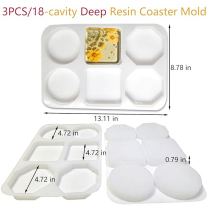 3PCS 18-Cavity Extra Deep Coaster Resin Molds, 4.7 Inch Silicone Molds for Epoxy Resin in Octagon Round Square Shapes, Reusable Molds for DIY Art Craft, Soap, Candle, Flower Preservation