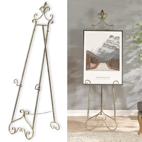 60” H Vintage Easel Stand for Sign, Large Adjustable Metal Display Standing for Displaying Pictures Wedding Poster Holder Showcasing with Chain Support - color: Scrollwork Floral Top-Vintage