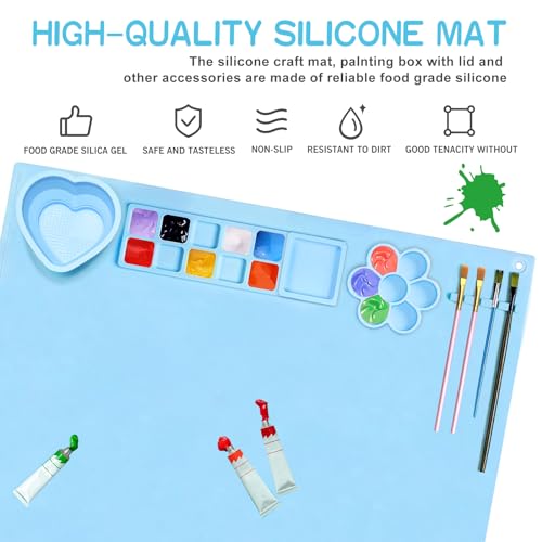 Silicone Painting Mat, 20"X16" Large Silicone Art Mat with Cup, Easy Clean Up, Protects Surfaces Perfectly for Paint, Color, Play with Clay/Play Dough (Blue) - color: Blue