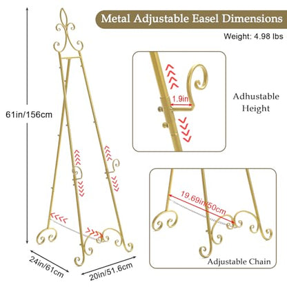 61”H x 20”L x 24”W Metal Extra Large Free Standing Display Stand Easel, Gold Scroll Floor Easel Stand for Sign Wedding Mirror Picture Frame, with Adjustable Chain