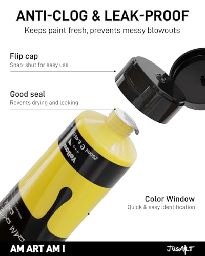 JusArt Yellow Acrylic Paint, 8.45oz/250ml Large Tube, Heavy Body Rich Pigment, Non-Toxic, Non-Fading Craft Paint for Canvas Wood Metal Fabric Ceramics, Art Supplies for Adults Artists Beginner - color: Yellow